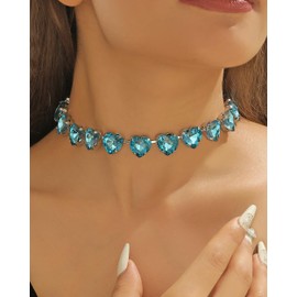 Firstmeet Heart-shaped Crystal Rhinestone Collar Necklace Wedding Sparkly Colorful Crystal Choker For Women, Glass, No Gemstone