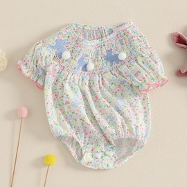 Kiluex Infant Baby Girl Romper Bunny Embroidery Floral Print Jumpsuit Ruffled Short Smocked Sleeve Bodysuits (A-a-Green, 6-9 Months)