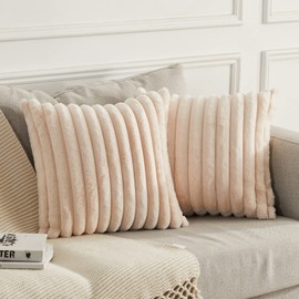 Joyouth Pack of 2,Double-Sided Faux Fur Plush Decorative Throw Pillow Covers Fuzzy Striped Soft Pillowcase Cushion Covers for Sofa Couch Bedroom Beige 16x16 inch