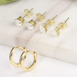 ALEXCRAFT - Juego de aretes de aro pequeños de oro para mujer con diamantes pavimentados de oro con poste de plata de ley, Latón, No es una piedra preciosa