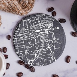 Blue Ridge Mountain Gifts - Slate Coasters with San Francisco CA Map, Set of 4 - Drink Coasters for California Fans to Protect Your Home Bar, White UV Printed San Francisco Design on Stone Coaster