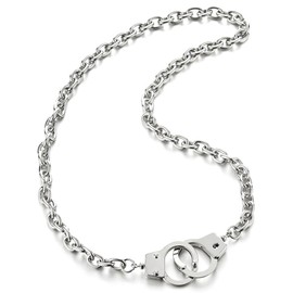 COOLSTEELANDBEYOND Mens Womens Link Chain Handcuff Necklace Silver Color, 27 inches Rope Chain, Punk Rock