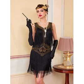 RRYIO 1920s Flapper Dresses for Women,Lace V Neck Great Gatsby Dresses Fringed Roaring 20s Dresses (Black Gold, S)