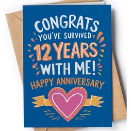 12th Anniversary Card for Husband or Wife - Silk Anniversary Card for Couple - Funny 12th Year Wedding Cards- Happy 12 Years for her, him - 12 Year Anniv Cards for Spouse, Girlfriend or Boyfriend - NUM 254