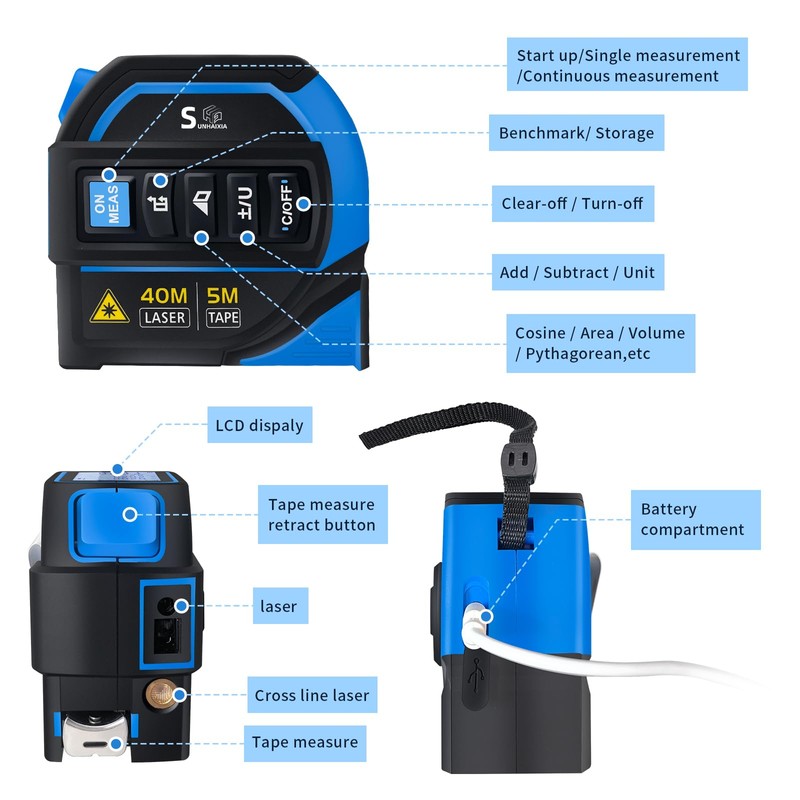 4 in 1 Laser Tape Measure，Laser Crosshairs | 130ft/40m Laser