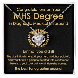 MHS Degree in Diagnostic Ultrasound Necklace Silver Plated Love Knot Mahogany - Congratulations On Your - Appreciation Sonographer Graduation