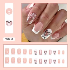 SINSEN French Tip Press on Nails Medium Square Fake Nails, Valentine’s Day False Nails with Heart Designs, Medium Length Glue on Nails, Sweet Nail Art Decorations Full Cover Stick on Nails for Women