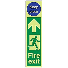 V Safety Glow in the Dark Fire Exit Door Plate Man Right/Keep Clear Sign - 75 mm x 300 mm - Rigid Plastic Safety Sign