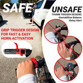 Electric Bike Horn with Quick Trigger Grip Up to 120 db Safety Alert and Rechargeable, Safety Within Grip by Yowl (Red Color for Left Handle)