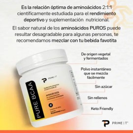 Aminoácidos PURE BCAA Powder Vegetal, Fermentado, Instantáneo Primetech 50 serv sin sabor y sin nada agregado, sólo 2.5 g de L-Leucina, 1.25 de L...  