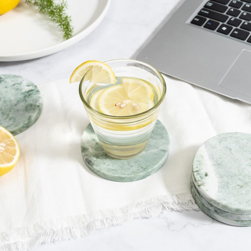 Green Marble Drink Coasters, Natural Stone Coasters - Set of