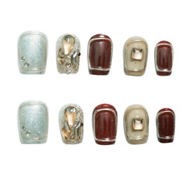 Tesytto Handmade Short Square 3D Press On Nails, Burgundy & Silver Glitter with Geometric Line Art & Hand-Set Rhinestones - 10Pcs Luxury Design (Fiery Red Lips,S)