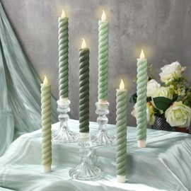 Baquler 6 Pcs Sage Green Flameless Taper Candle Twisted LED 9.65 Inch Taper Candles Battery Operated Twisted Candlesticks for Summer Wedding Birthday Home Party Holiday Dinner Fireplace Decor