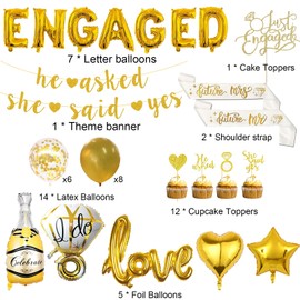 Gold Engagement Party Decorations Balloons - 42 Pcs Gold Engage Supplies Including Banner Diamond Ring Cupcake Toppers Balloons Shoulder Strap For Engagement Party Bridal Shower Decorations