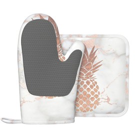 Faux Rose Gold Foil Pineapple on Pink Marble Oven Mitts and Pot Holders Set Heat Resistant Non-Slip Silicone Mittens with Gloves and Hot Pads Potholders for BBQ Kitchen Baking Cooking, Quilted Liner