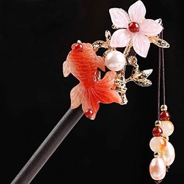 TOP SEWING Wooden Hair Pins 7.08" Chinese Goldfish Flower Hair Sticks For Long Hair Buns
