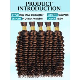 Ombre Brown Human Braiding Hair for Boho Braids 160g 5 Bundles/Pack 20 Inch Curly Boho Hair for Braiding Knotless 12A Deep Wave Bulk Bohemian Color P1B/30