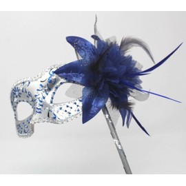 LADIES SPARKLING BLUE & SILVER VENETIAN MASQUERADE CARNIVAL PARTY EYE HAND HELD MASK ON A STICK WITH DIAMONTES AND FLOWER