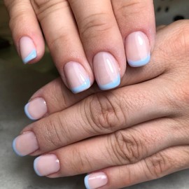 Short Square False Nails - 24Pcs Blue Press on Nails French Tip - Fake nails with Glue - Elegant French Stick on Nails - Long Lasting Square nail Tips Full Cover for Women Manicure