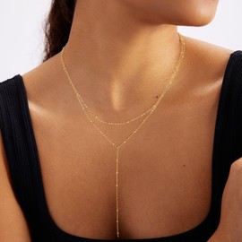 WATEFOER Lariat Necklace for Women, 14k Gold Plated Dainty Long Layered Y Shaped Necklace CZ Teardrop Pendant Necklace Simple Fashion Jewellery Gift for Women Girls, Brass, Cubic Zirconia