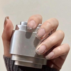 MERVF Press ons Nails Medium Square, Grey Ombre French Tip Fake Nails, Rhinestones Glue ons Glitter Design Acrylic Nail Taupe Manicure Supplies Glossy 24pcs