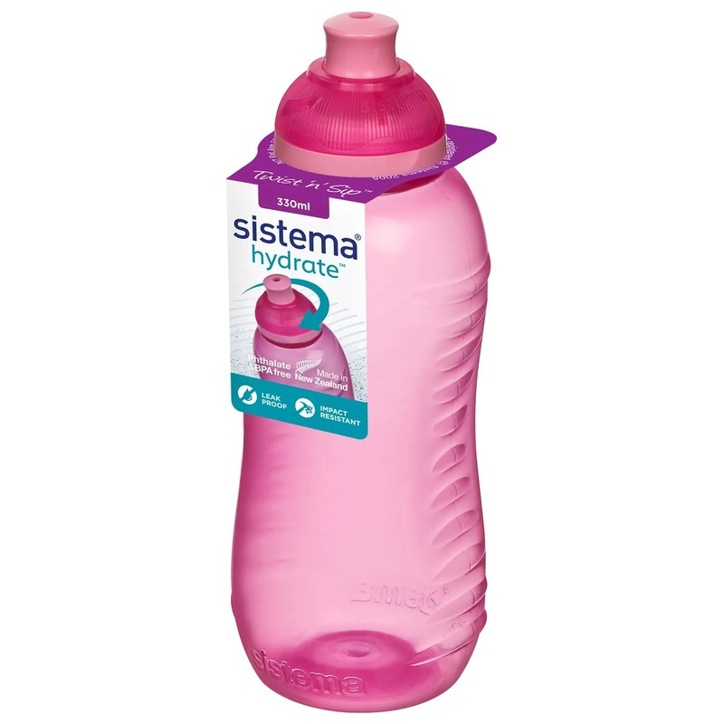 3 Sistema 330ml Twist n Sip Drink Bottles, Blue, Pink,