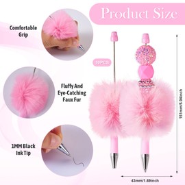 10 Pcs Fluffy Beadable Pens, Fuzzy Pom Pom Pens, Pink Plush Ball Beaded Pens Plastic Beaded Pen Black Ink Ballpoint Pens for DIY Pens Decorations Supplies Gift Office School