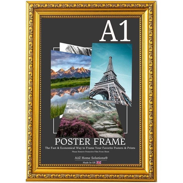 A2Z Home Solutions® Photo Poster Display Wall Hanging Ornate Gold Frame A1-59.4 × 84.1 cm For Print Picture With Clear Perspex 30x15mm Moulding Mounting Hooks MDF backboard