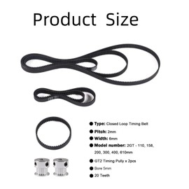 6PCS 2GT-6 Timing Belt 110mm-610mm Closed Loop Width 6mm With 2PCS GT2 Pulley 20 Teeth 5 Bore for 3D Printer, Dishwashers, Packaging Machinery