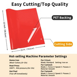 IModeur 25 Ft Red Heat Transfer Vinyl — 30.5 x 763 cm Iron on Vinyl for Fabric, PET Backing Red Vinyl for T-Shirts, Clothes, Hats, Bags and Other Textiles, HTV Vinyl Roll Easy to Weed