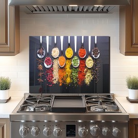 DAIFURONGE Tempered Glass Backsplash For Kitchen Behind Stove,Spoon Spice Stove Back Top Cover,Easy to Clean Glass Splashback, Sink Cover Splash Guard,Home Kitchen Wall Decor (27.56"x19.69"(70x50cm))