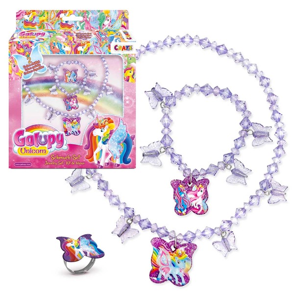 CRAZE Galupy Unicorn Children's Jewellery Set Girls with 1 Necklace, 1 Bracelet & 1 Ring in Pink or Purple - Unicorn Children's Jewellery Girls from 4 Years