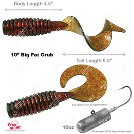 2pcs Fishing 10" Perch Grub Fat Chubby Motor Oil Soft Lure + 1pc 10oz Bullet Jighead 10/0 MUSTAD 32786 Hook 2X Strong Black Nickel Hook Plain 10 inch (with Curly Tail Extended)
