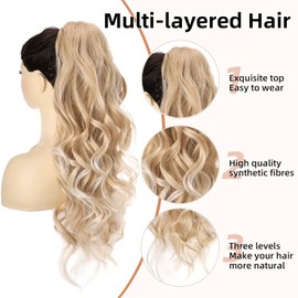 YEESHEDO Ponytail Hairpiece Clip Extensions with Drawstring Long Wavy Blonde Mix Platinum Hair Extensions Natural Wig Afro Curly Ponytail for Braid