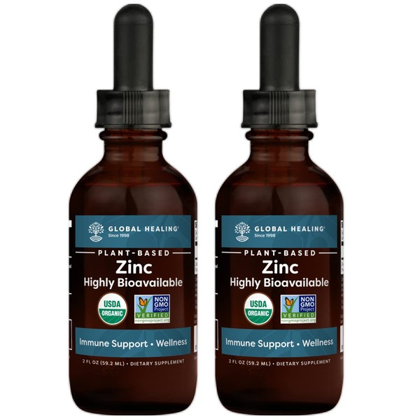 Global Healing Center Zinc 15mg Organic Liquid Supplement Drops-Supports Clear Skin, Immune System, Normal Cell Growth, & Healthy Hormone Balance in Men & Women-Ionic, Chelated, Protein-2 Oz (2-Pack)