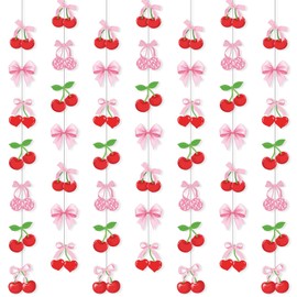 Xinnun Cherry Party Decorations Pink Bow Hanging Banners Garland Cherry on Top Theme Banner Cutouts Ribbon Streamers for Summer Fruit Berry Birthday Bridal Engagement Bachelorette Wedding Party Decor
