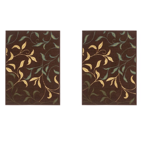 Machine Washable Leaves Design Non-Slip Rubberback 2x3 Pack of 2 Traditional Area Rug for Entryway, Bedroom, Kitchen, Bathroom, 2'3" x 3' - Pack of 2, Brown