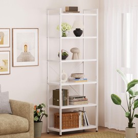 Casaottima Book Shelf, 6 Tier Tall Bookshelf, Modern Wood Bookcase Shelves for Bedroom, Industrial Display Shelf for Living Room Home Office Kitchen, Standing Shelving Unit Storage Organizer, White