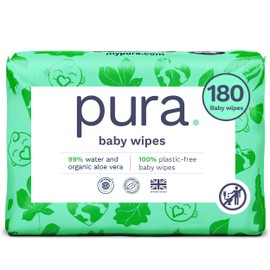 Pura Natural Sensitive Baby Wipes, 99% Water, Unscented & Hypoallergenic, Suitable for Sensitive & Eczema-prone Skin, Fragrance Free & Hypoallergenic, EWG Verified, 3 x 60 per pack (180 Wipes)