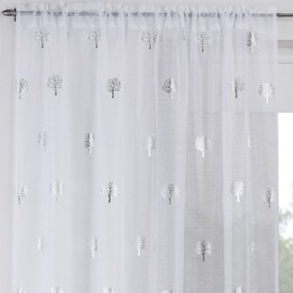 IT IDEAL TEXTILES Birch Slot Top Voile Curtain Panel, Metallic Print Rod Pocket Voile Panels, Luxury Tree Design Panels, White, Silver, 54" x 90"