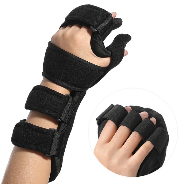 Fanwer Stroke Resting Hand Splint - Night Immobilizer Wrist Finger Brace for Flexion Contractures, Functional 5 Finger Stabilizer Wrap - for Muscle Atrophy Rehab, Arthritis, Tendonitis, Carpal Tunnel Pain(Large, Left)