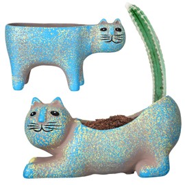 Rtteri 2 Pcs Cat Planter 6 Inch Long Ceramic Funny Cat Shape Flower Pots Retro Cat Succulent Planters Displays Animal Small Pots Funny Gifts for Cactus Indoor Home Office Desk Windowsill Decor