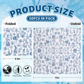 Whaline 50 Pcs Blue White Easter Paper Napkins Retro Bunny Rabbit Flower Disposable Napkins Chinoiserie Luncheon Dinner Napkins for Spring Wedding Birthday Party Table Supplies