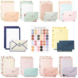 El juego de 91 sobres de papel de papelería incluye 60 papeles de escritura forrados y 30 sobres con 48 calcomanías coloridas de punto redondo, bonitos sobres de papel vintage para escribir letras y