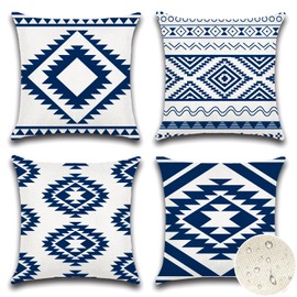 Artscope Outdoor Waterproof Cushion Covers 40x40cm Set of 4 Boho Farmhouse Outdoor Pillow Covers for Patio Garden Bench Living Room Sofa Farmhouse Decor（Geometry80-Navy Blue）