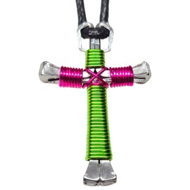 Lime & Hot Pink Horseshoe Nail Cross Necklace
