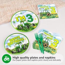 Grencian 96Pcs Tractor Birthday Party Decorations Tractor Birthday Plates and Napkins Disposable Green Tractors Paper Tableware Set for Kids Boys Farm Baby Shower Tractor Lawn Party Supplies Serve 24