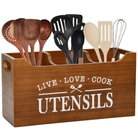 Karisky Kitchen Utensil Holder with Drainage Bottom, Large 3 Compartments Solid Real Wood Utensil Organiser for Kitchen Counter, Farmhouse Cooking Tools Storage for Countertop, Brown