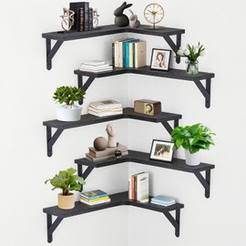 COCPOK Corner Floating Shelves Set of 5, Wall Mounted Wood Shelves for Home Decor, Rustic Wood Wall Storage Corner Shelf for Kitchen Bedroom Bathroom Living Room Office, Black