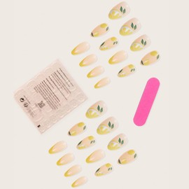 24Pcs Lemon Press on Nails Almonds French Tip Fake Nails Medium False Nails with Designs Cute Stick on Nails Yellow Nail Tips Summer Acrylic Nails Full Cover Glue on Nails for Women Nail Decorations